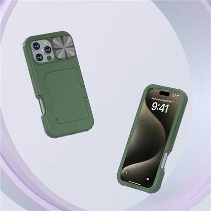 For iPhone 16 Pro Case Card Holder Mirror PC+TPU Phone Shell with Lens Cover