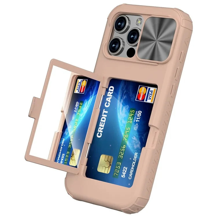 For iPhone 16 Pro Case Card Holder Mirror PC+TPU Phone Shell with Lens Cover
