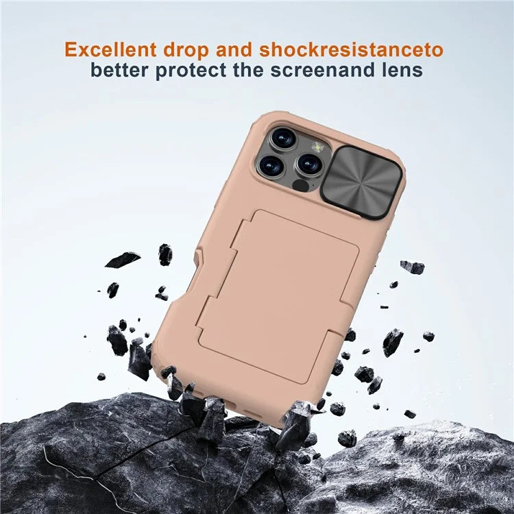 For iPhone 16 Pro Case Card Holder Mirror PC+TPU Phone Shell with Lens Cover