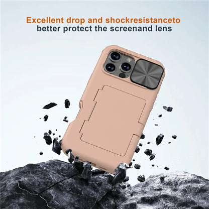 For iPhone 16 Pro Case Card Holder Mirror PC+TPU Phone Shell with Lens Cover