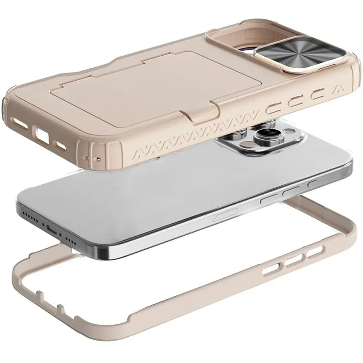 For iPhone 16 Pro Case Card Holder Mirror PC+TPU Phone Shell with Lens Cover