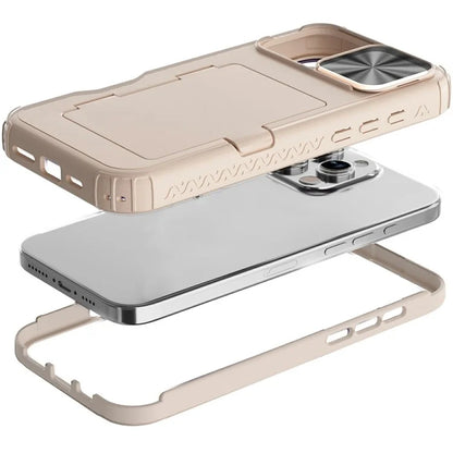 For iPhone 16 Pro Case Card Holder Mirror PC+TPU Phone Shell with Lens Cover