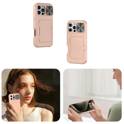 For iPhone 16 Pro Case Card Holder Mirror PC+TPU Phone Shell with Lens Cover