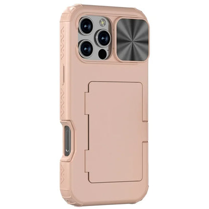 For iPhone 16 Pro Case Card Holder Mirror PC+TPU Phone Shell with Lens Cover