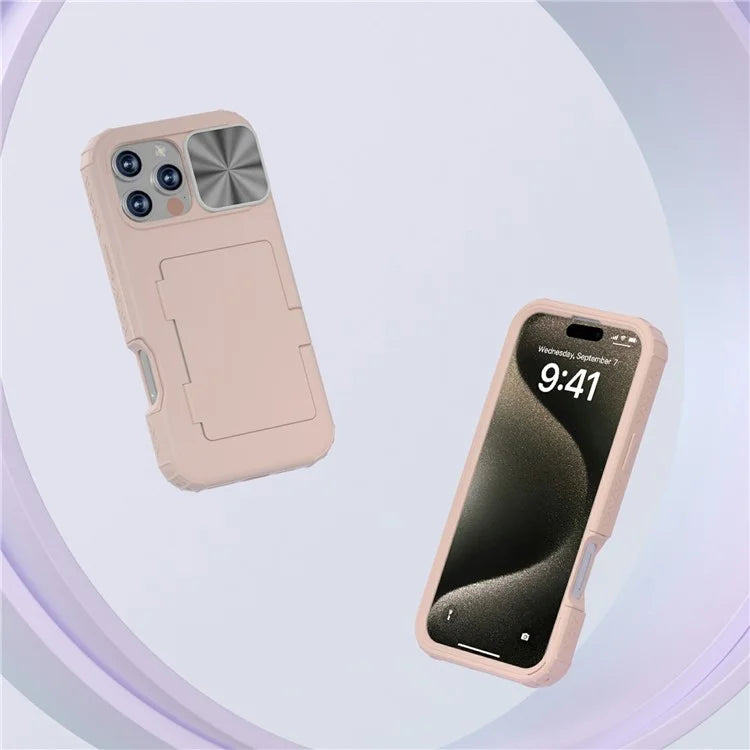 For iPhone 16 Pro Case Card Holder Mirror PC+TPU Phone Shell with Lens Cover