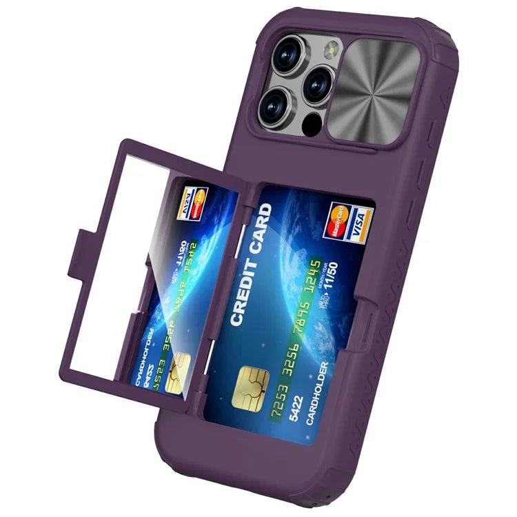 For iPhone 16 Pro Case Card Holder Mirror PC+TPU Phone Shell with Lens Cover