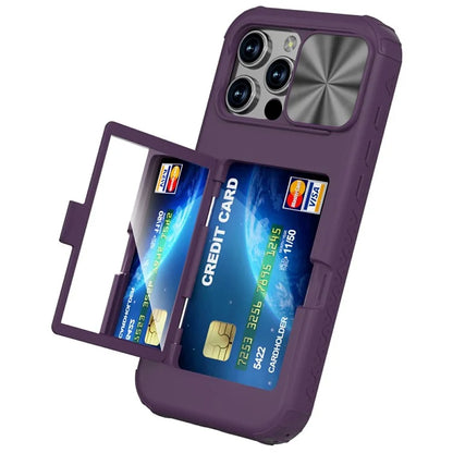 For iPhone 16 Pro Case Card Holder Mirror PC+TPU Phone Shell with Lens Cover