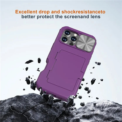 For iPhone 16 Pro Case Card Holder Mirror PC+TPU Phone Shell with Lens Cover
