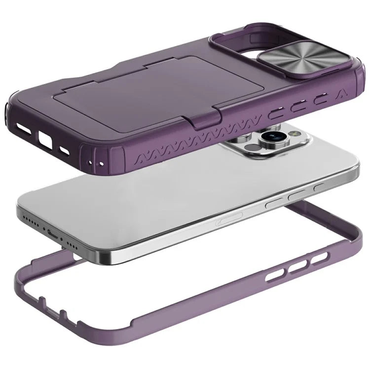 For iPhone 16 Pro Case Card Holder Mirror PC+TPU Phone Shell with Lens Cover