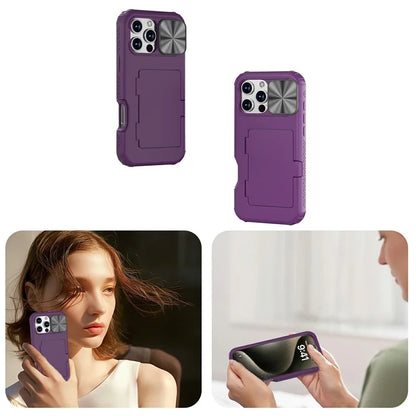 For iPhone 16 Pro Case Card Holder Mirror PC+TPU Phone Shell with Lens Cover