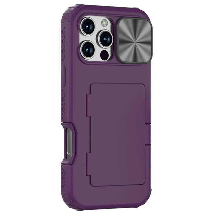 For iPhone 16 Pro Case Card Holder Mirror PC+TPU Phone Shell with Lens Cover