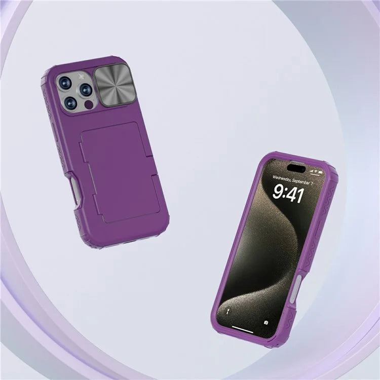 For iPhone 16 Pro Case Card Holder Mirror PC+TPU Phone Shell with Lens Cover