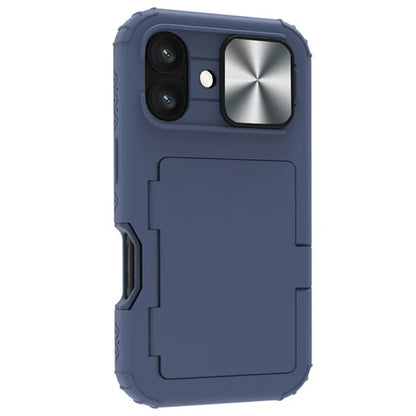 For iPhone 16 Case Card Holder Mirror PC+TPU Phone Shell with Lens Cover