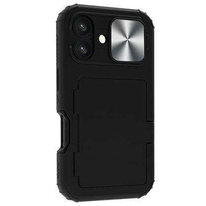 For iPhone 16 Case Card Holder Mirror PC+TPU Phone Shell with Lens Cover