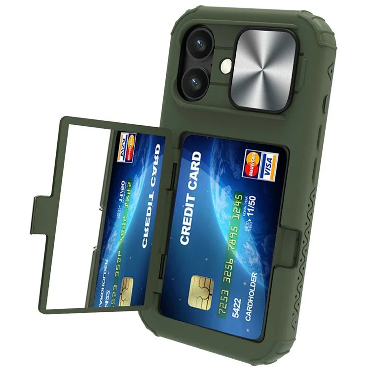 For iPhone 16 Case Card Holder Mirror PC+TPU Phone Shell with Lens Cover