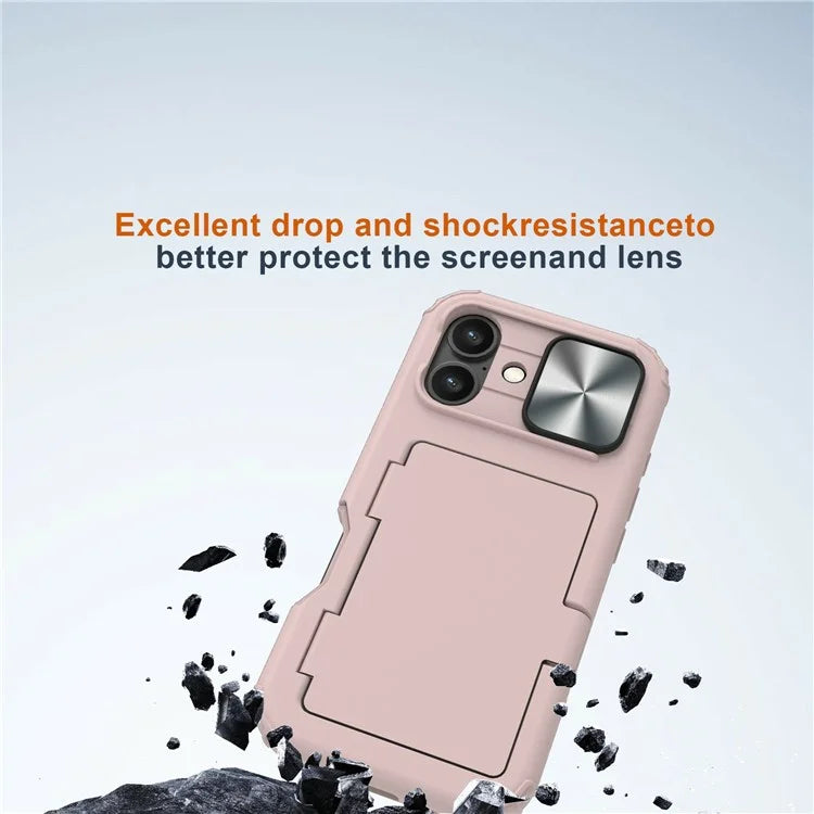 For iPhone 16 Case Card Holder Mirror PC+TPU Phone Shell with Lens Cover