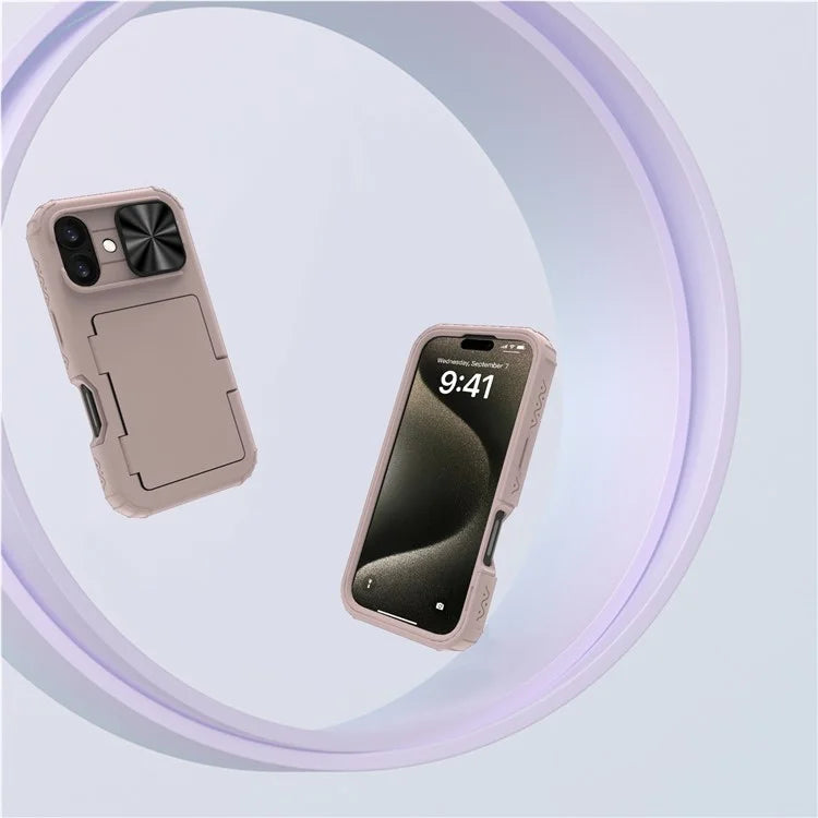 For iPhone 16 Case Card Holder Mirror PC+TPU Phone Shell with Lens Cover