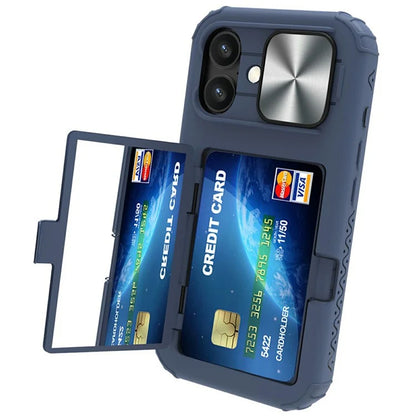 For iPhone 16 Plus Case Card Holder Mirror PC+TPU Phone Shell with Lens Cover