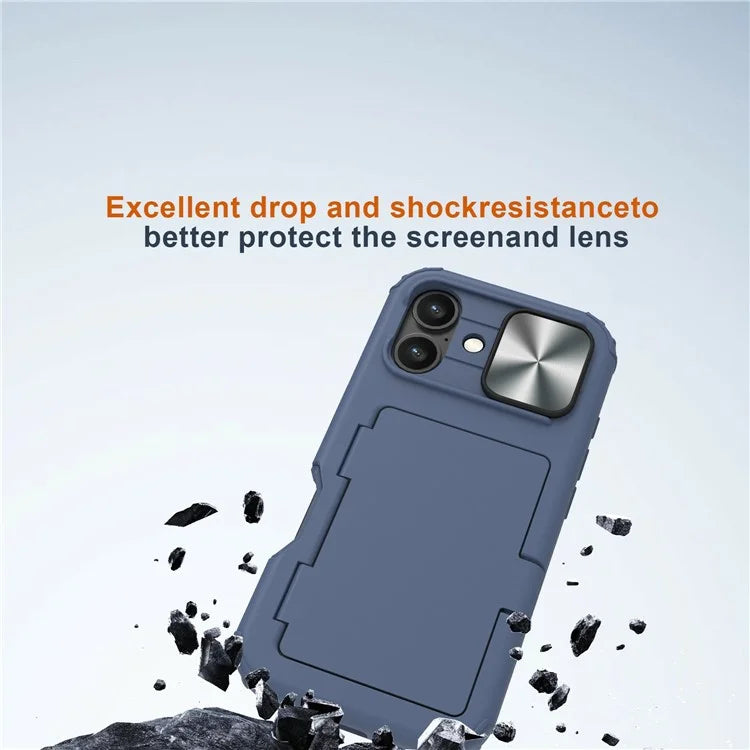 For iPhone 16 Plus Case Card Holder Mirror PC+TPU Phone Shell with Lens Cover