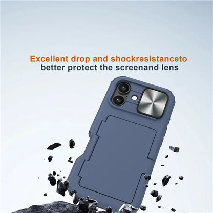 For iPhone 16 Plus Case Card Holder Mirror PC+TPU Phone Shell with Lens Cover