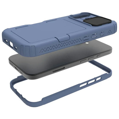For iPhone 16 Plus Case Card Holder Mirror PC+TPU Phone Shell with Lens Cover