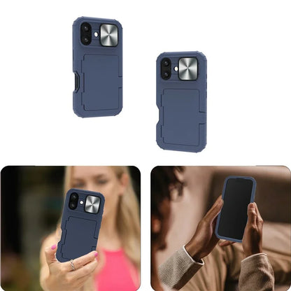 For iPhone 16 Plus Case Card Holder Mirror PC+TPU Phone Shell with Lens Cover