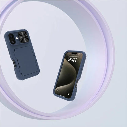 For iPhone 16 Plus Case Card Holder Mirror PC+TPU Phone Shell with Lens Cover
