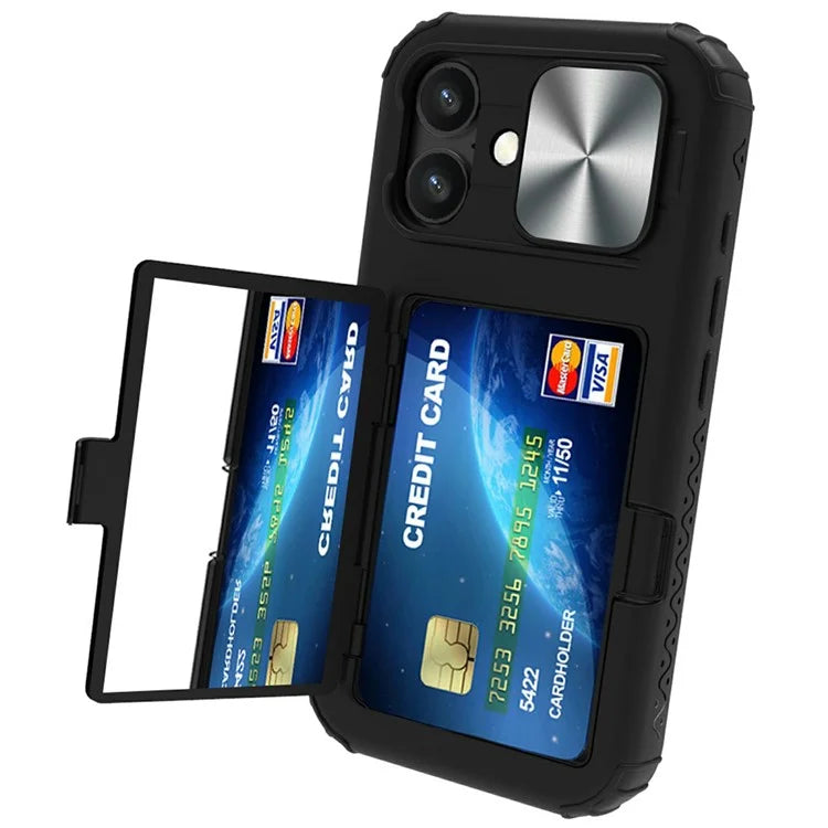 For iPhone 16 Plus Case Card Holder Mirror PC+TPU Phone Shell with Lens Cover