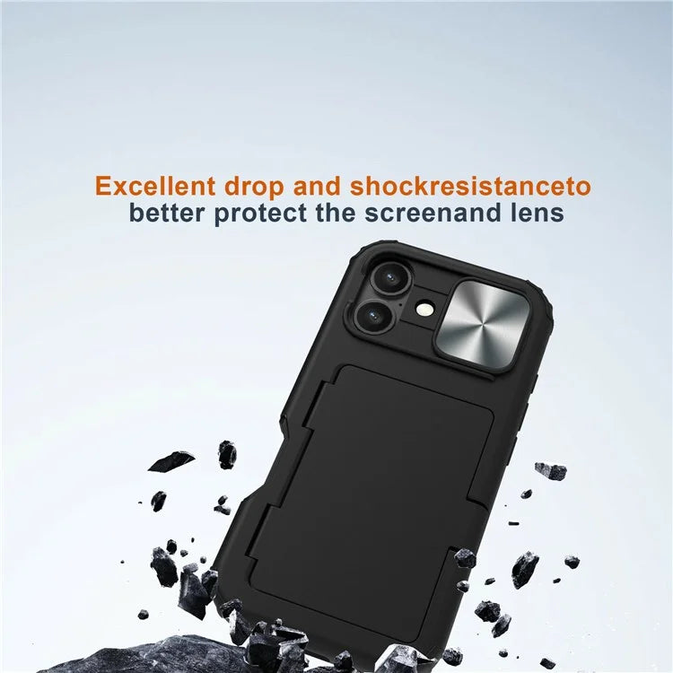 For iPhone 16 Plus Case Card Holder Mirror PC+TPU Phone Shell with Lens Cover