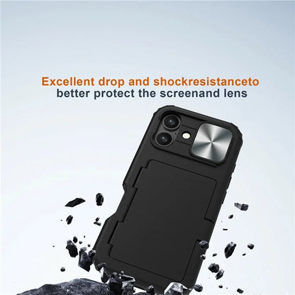For iPhone 16 Plus Case Card Holder Mirror PC+TPU Phone Shell with Lens Cover