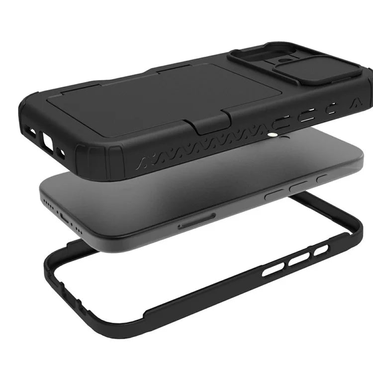 For iPhone 16 Plus Case Card Holder Mirror PC+TPU Phone Shell with Lens Cover