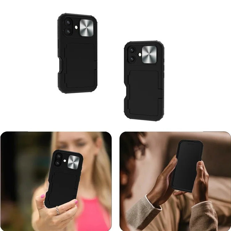 For iPhone 16 Plus Case Card Holder Mirror PC+TPU Phone Shell with Lens Cover