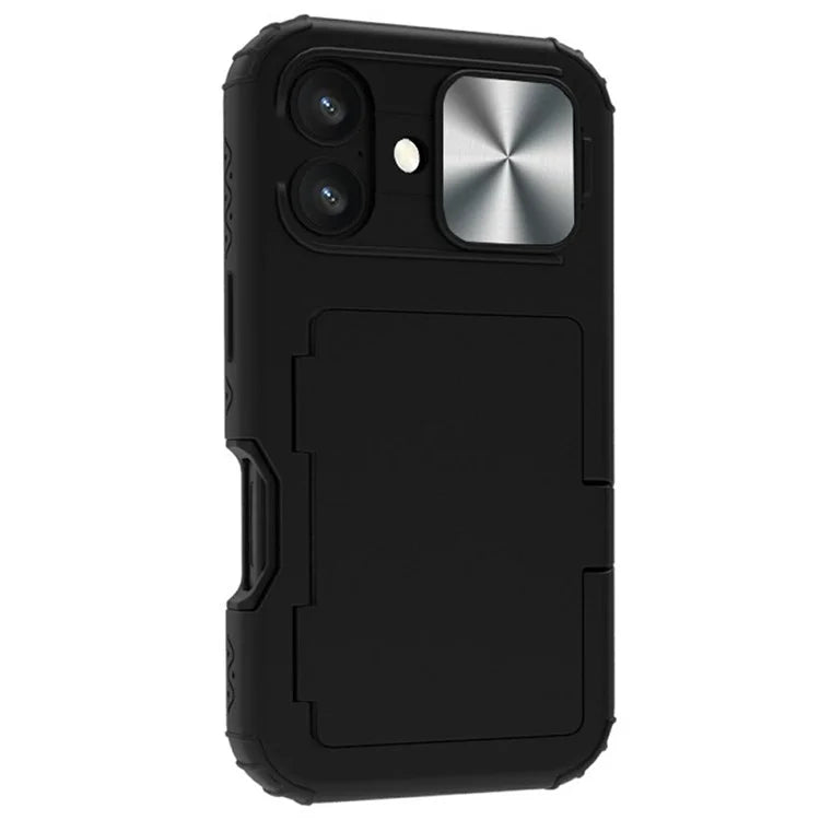 For iPhone 16 Plus Case Card Holder Mirror PC+TPU Phone Shell with Lens Cover