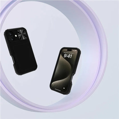 For iPhone 16 Plus Case Card Holder Mirror PC+TPU Phone Shell with Lens Cover