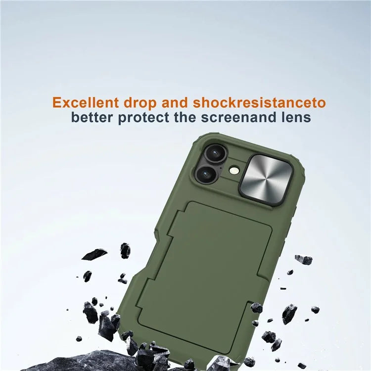 For iPhone 16 Plus Case Card Holder Mirror PC+TPU Phone Shell with Lens Cover