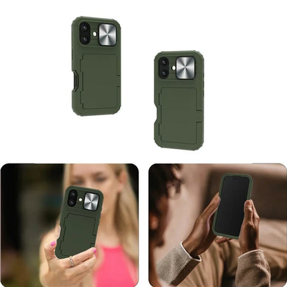 For iPhone 16 Plus Case Card Holder Mirror PC+TPU Phone Shell with Lens Cover