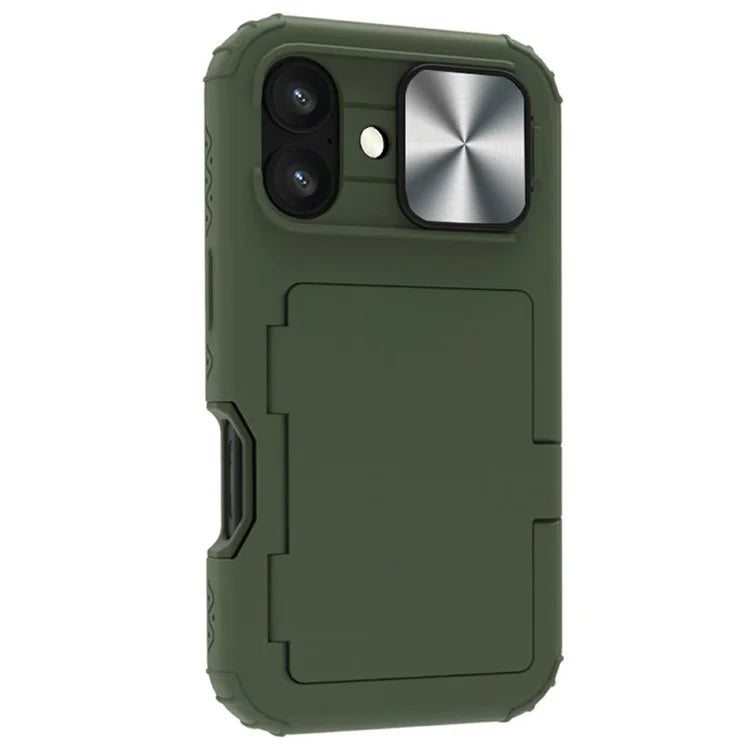 For iPhone 16 Plus Case Card Holder Mirror PC+TPU Phone Shell with Lens Cover