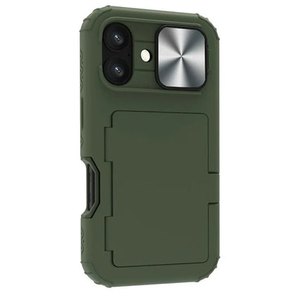For iPhone 16 Plus Case Card Holder Mirror PC+TPU Phone Shell with Lens Cover