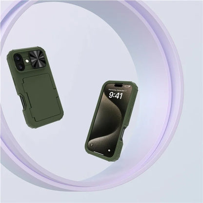 For iPhone 16 Plus Case Card Holder Mirror PC+TPU Phone Shell with Lens Cover