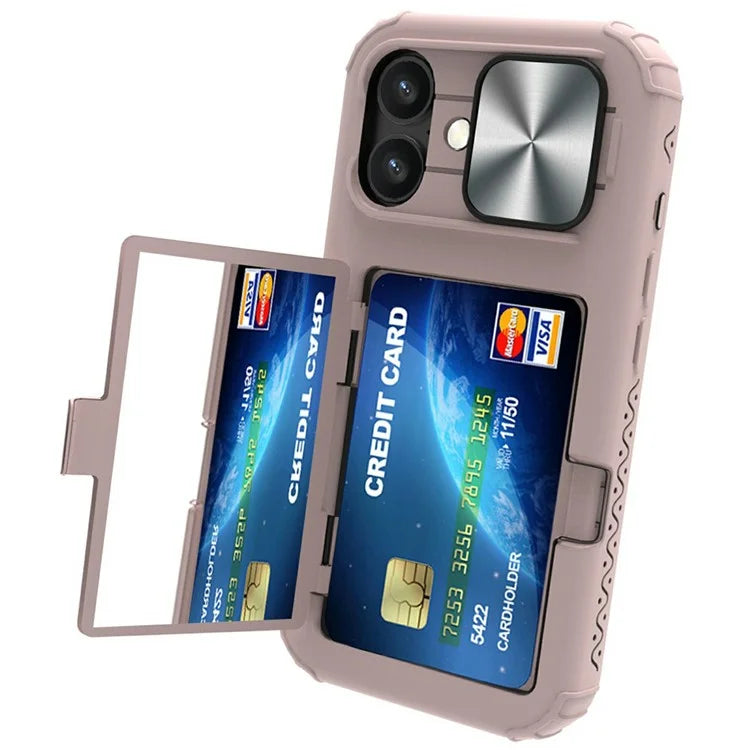 For iPhone 16 Plus Case Card Holder Mirror PC+TPU Phone Shell with Lens Cover
