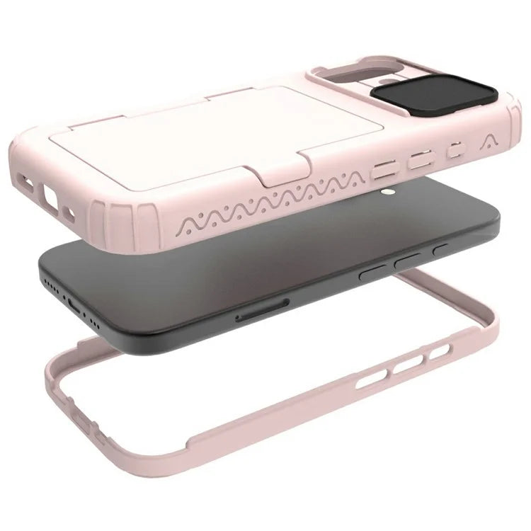 For iPhone 16 Plus Case Card Holder Mirror PC+TPU Phone Shell with Lens Cover