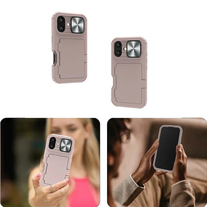 For iPhone 16 Plus Case Card Holder Mirror PC+TPU Phone Shell with Lens Cover