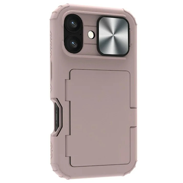 For iPhone 16 Plus Case Card Holder Mirror PC+TPU Phone Shell with Lens Cover
