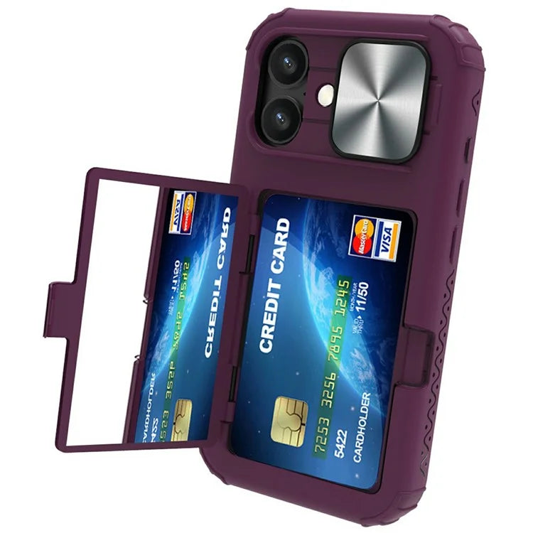 For iPhone 16 Plus Case Card Holder Mirror PC+TPU Phone Shell with Lens Cover
