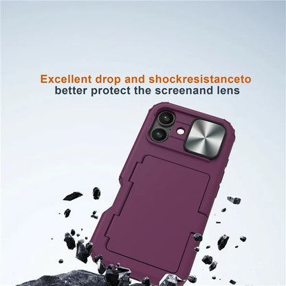 For iPhone 16 Plus Case Card Holder Mirror PC+TPU Phone Shell with Lens Cover