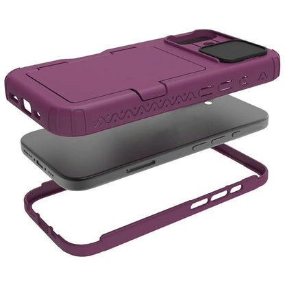 For iPhone 16 Plus Case Card Holder Mirror PC+TPU Phone Shell with Lens Cover