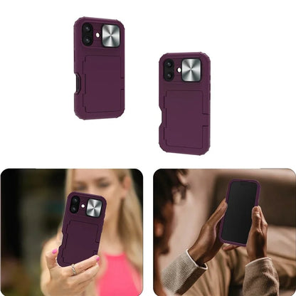 For iPhone 16 Plus Case Card Holder Mirror PC+TPU Phone Shell with Lens Cover