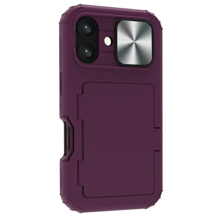 For iPhone 16 Plus Case Card Holder Mirror PC+TPU Phone Shell with Lens Cover
