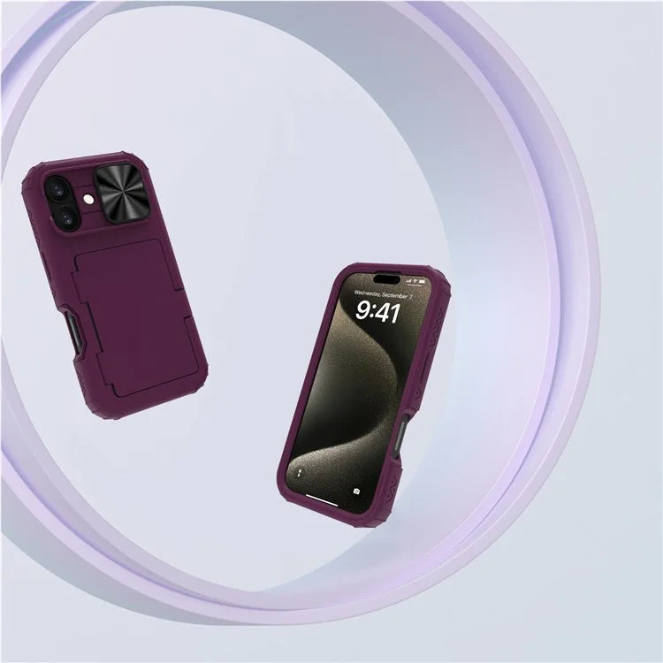 For iPhone 16 Plus Case Card Holder Mirror PC+TPU Phone Shell with Lens Cover