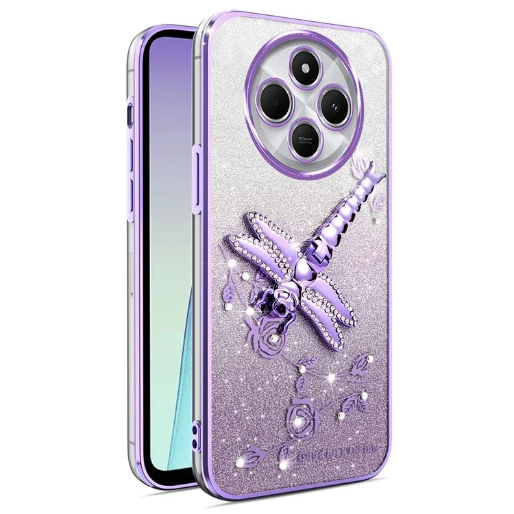 KADEM For Xiaomi Redmi 14C 4G Case Dragonfly Kickstand TPU Flowers Glitter Phone Cover